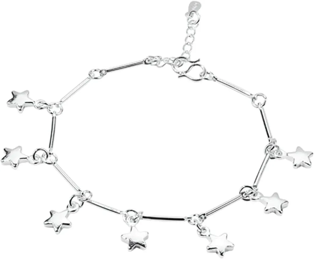 Gualiy Womens Ankle Bracelets Sterling Silver, Silver Charm Anklets for Women Chain with Star Anklets Bracelets for Women 25CM