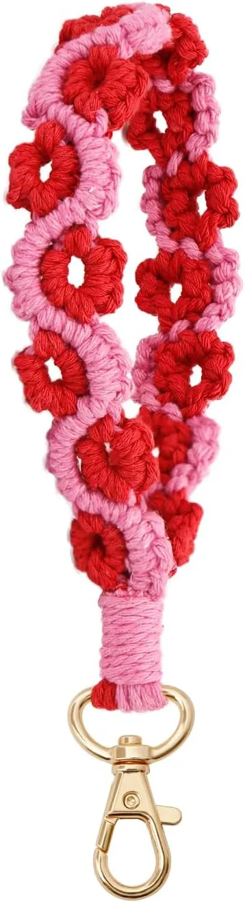 Handmade Boho Keychain Wrist Lanyard for Keys Cute Flower Keychain Wristlet Macrame Keychain Key Lanyard for Women