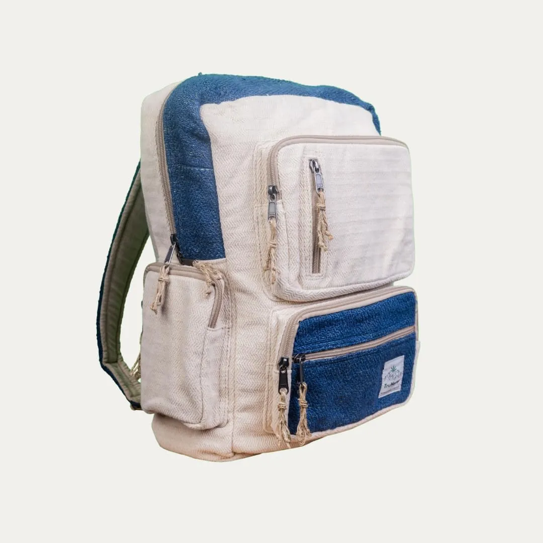 Handmade Multi-Pocket Hemp Backpack, Blue  Durable & Spacious Backpack with Zippered Compartments, Adjustable Straps for Travel, and Outdoor Activities