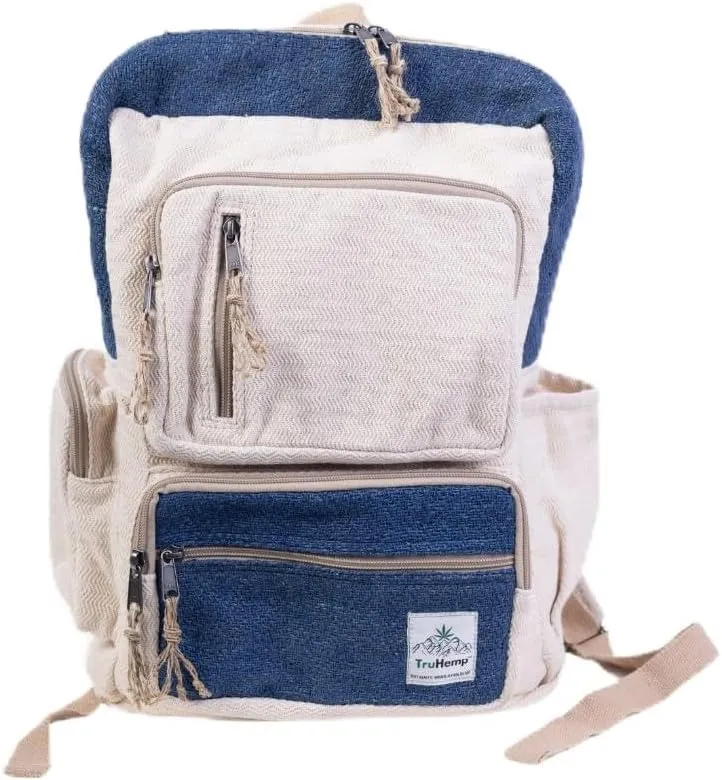 Handmade Multi-Pocket Hemp Backpack, Blue  Durable & Spacious Backpack with Zippered Compartments, Adjustable Straps for Travel, and Outdoor Activities
