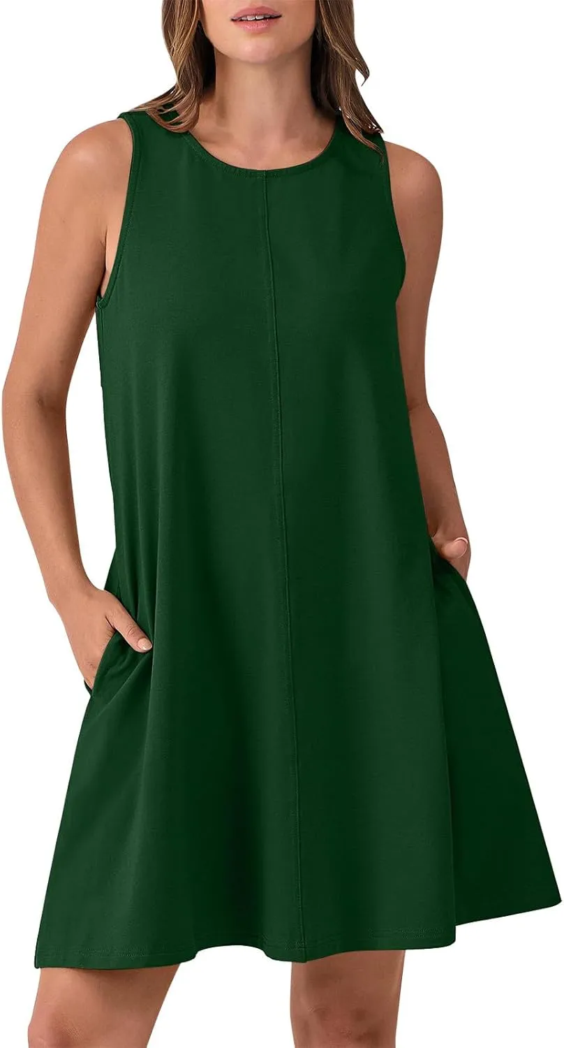 hlysgo A Line Dresses for Women Summer Cutout Back Sleeveless Mini Sundress Casual Loose Fit Coverup Beach Dress with Pocket