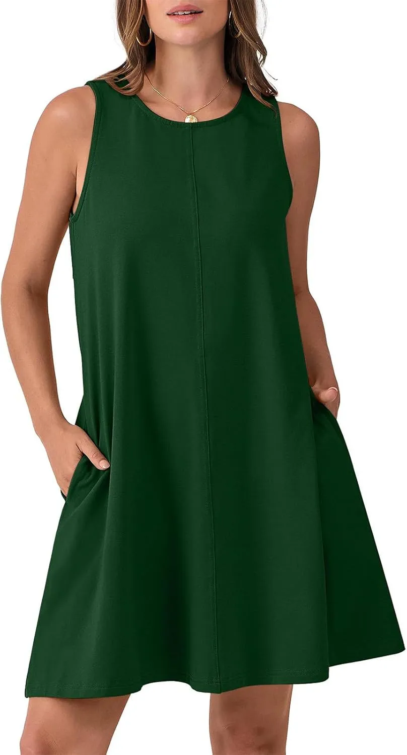 hlysgo A Line Dresses for Women Summer Cutout Back Sleeveless Mini Sundress Casual Loose Fit Coverup Beach Dress with Pocket