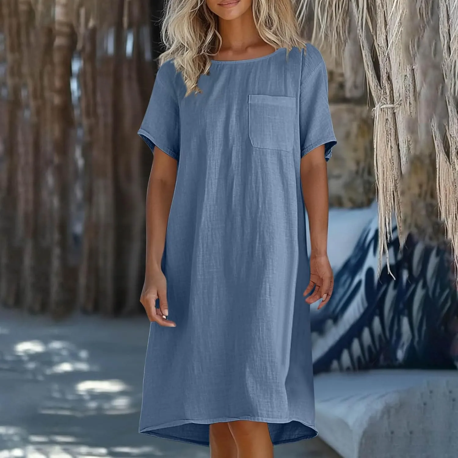 hlysgo Summer Dresses for Women 2025 Casual Loose Comfy Short Sleeve Crew Neck Mini Dress Teen Girls Knee Length Beach Dress