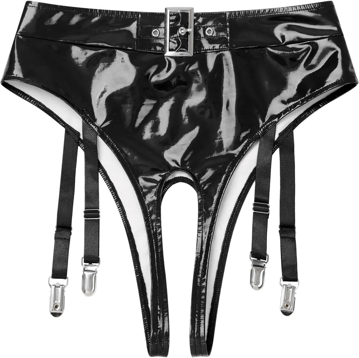 Hularka Men's Sexy Underwear Patent Leather High Waist Open Crotch Briefs with Garter Clips