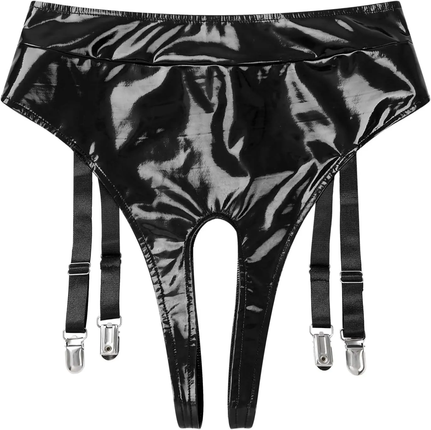 Hularka Men's Sexy Underwear Patent Leather High Waist Open Crotch Briefs with Garter Clips