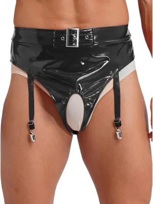 Hularka Men's Sexy Underwear Patent Leather High Waist Open Crotch Briefs with Garter Clips