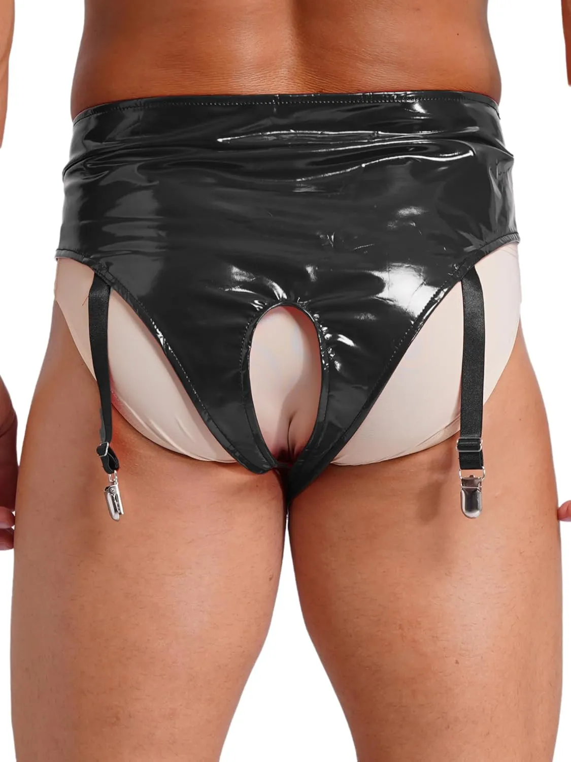 Hularka Men's Sexy Underwear Patent Leather High Waist Open Crotch Briefs with Garter Clips