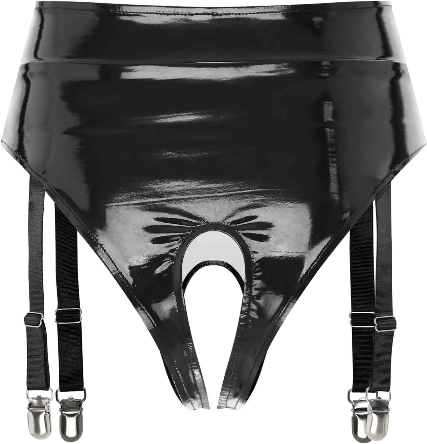 Hularka Men's Sexy Underwear Patent Leather High Waist Open Crotch Briefs with Garter Clips