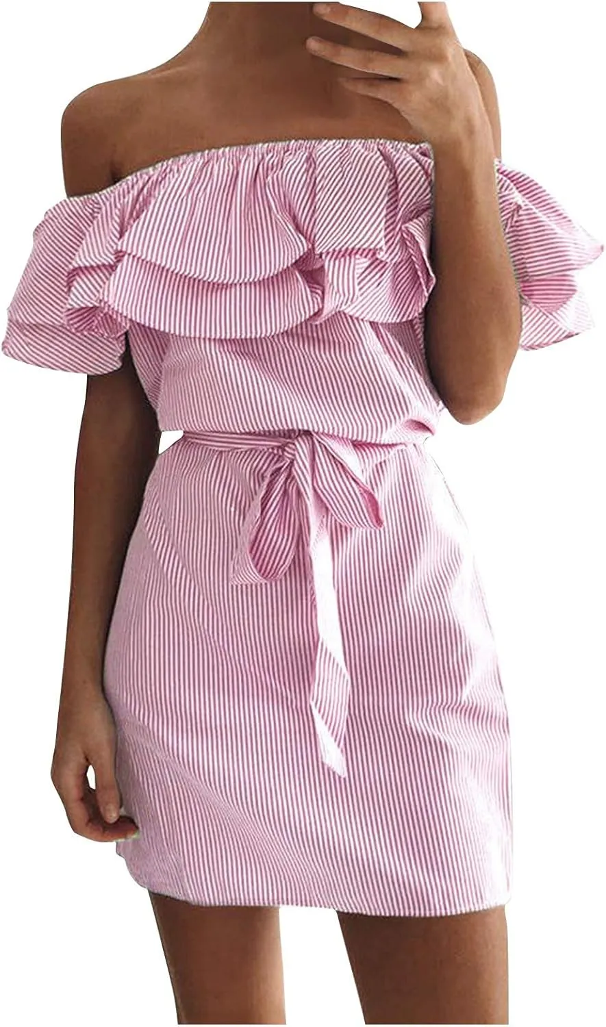 iQKA Women Sexy Dress Off Shoulder Ruffle Hem Slash Neck Short Dresses Strapless Stripe Print Mini Dress with Bandage