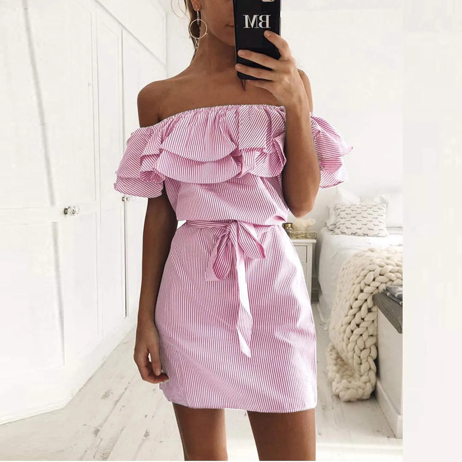 iQKA Women Sexy Dress Off Shoulder Ruffle Hem Slash Neck Short Dresses Strapless Stripe Print Mini Dress with Bandage