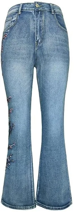 IVERIRMIN Women's Embroidered High Waist Slim Fit Bootcut Jeans, Little Stretch Flared Denim Pants Trousers for Women