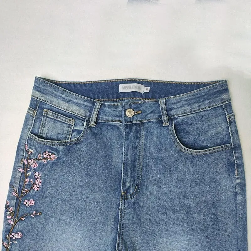 IVERIRMIN Women's Embroidered High Waist Slim Fit Bootcut Jeans, Little Stretch Flared Denim Pants Trousers for Women