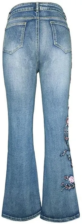IVERIRMIN Women's Embroidered High Waist Slim Fit Bootcut Jeans, Little Stretch Flared Denim Pants Trousers for Women