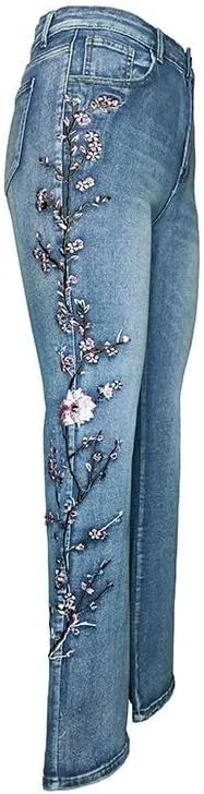 IVERIRMIN Women's Embroidered High Waist Slim Fit Bootcut Jeans, Little Stretch Flared Denim Pants Trousers for Women