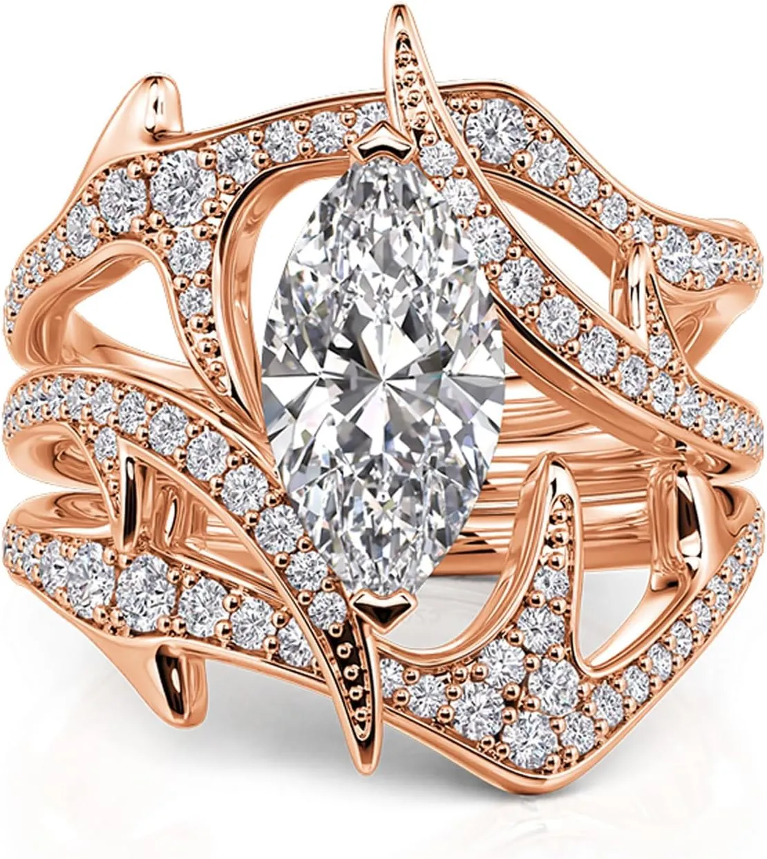 Jeulia 3PCS Stackable Knuckle Midi Rings for Women's Minimalist Chevron V Ring with 2.64CT Cubic Zirconia Sterling Silver & Rose Gold Bridal Ring Sets Teardrop Wedding Band with Jewelry Gift Box