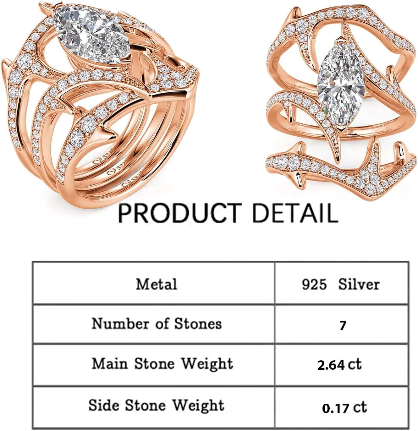 Jeulia 3PCS Stackable Knuckle Midi Rings for Women's Minimalist Chevron V Ring with 2.64CT Cubic Zirconia Sterling Silver & Rose Gold Bridal Ring Sets Teardrop Wedding Band with Jewelry Gift Box