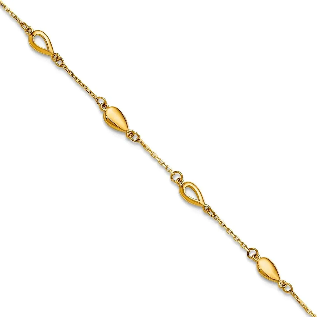 JewelryWeb 0.65mm 14k Solid Yellow Gold Polished Teardrop Station Plus 1in Extension Anklet 9 Inch-Anklet for Women