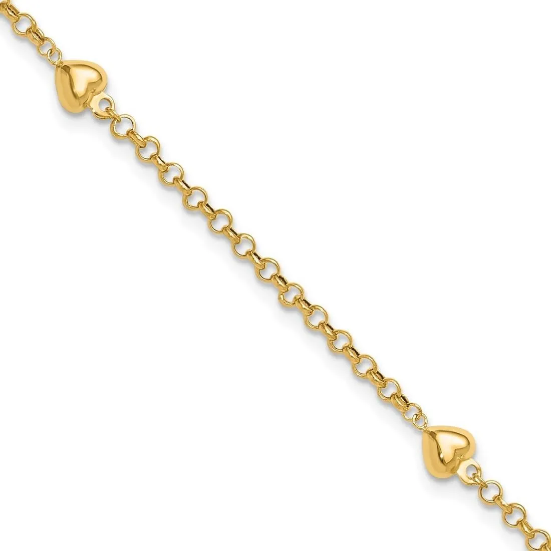 JewelryWeb 14k Yellow Gold Polished Spring-Ring Puff Love Heart 9inch With 1in Ext Anklet-Anklet for Women