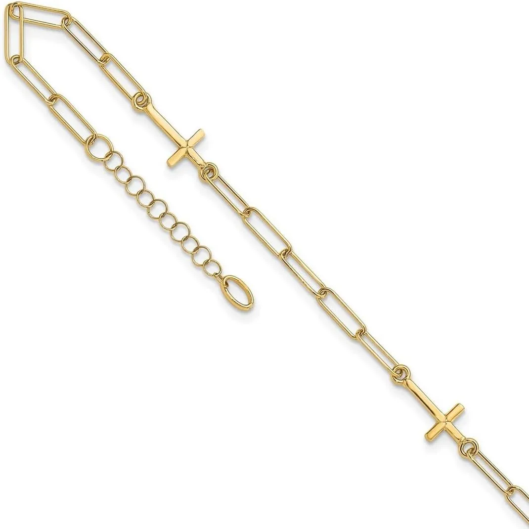 JewelryWeb 2.6mm 14k Solid Yellow Gold Religious Faith Cross Link With 1in. Extension Anklet 9 Inch-Anklet for Women