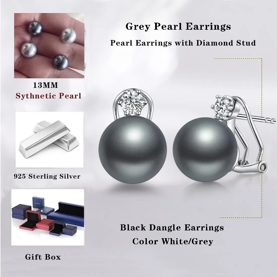 Jiamiaoi Pearl Stud Earrings for Women Pearl and Diamond Stud Earrings 6mm-13mm Big Pearl Earrings Hypoallergenic Pearl Diamond Earrings Studs Come with Gift Box