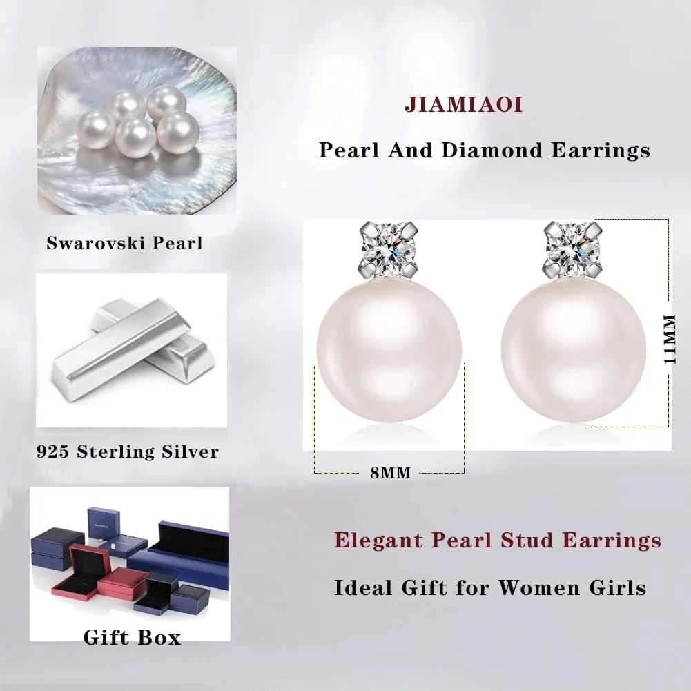 Jiamiaoi Pearl Stud Earrings for Women Pearl and Diamond Stud Earrings 6mm-13mm Big Pearl Earrings Hypoallergenic Pearl Diamond Earrings Studs Come with Gift Box