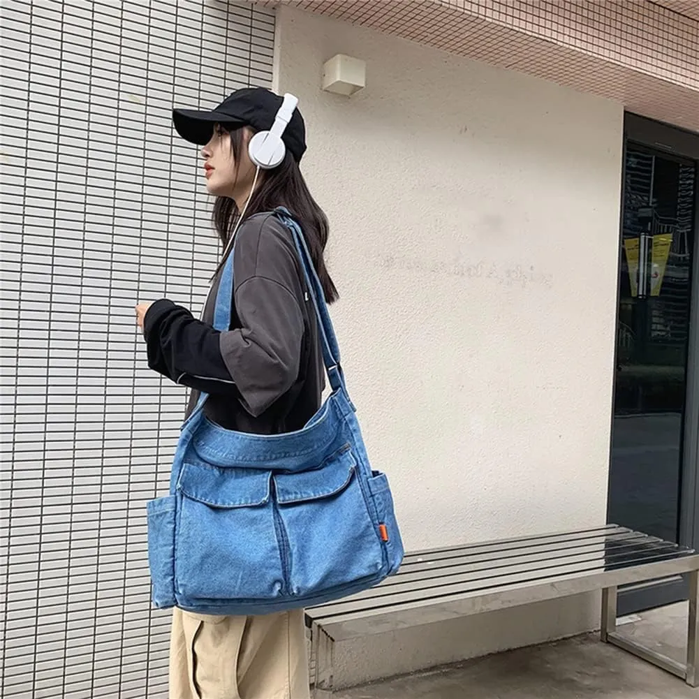 JQWSVE Canvas Messenger Bag Large Hobo Crossbody Bag with Multiple Pockets Canvas Shoulder Tote Bag for Women and Men