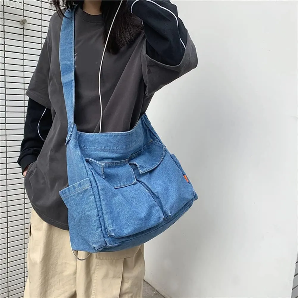 JQWSVE Canvas Messenger Bag Large Hobo Crossbody Bag with Multiple Pockets Canvas Shoulder Tote Bag for Women and Men
