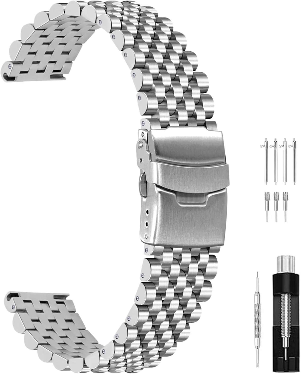 Juntan Stainless Steel Watch Band 20mm 22mm, 7 Half Beads Polished Brushed Watch Bands for Men Women, Metal Quick Release Watch Strap Watch Bracelet with Deployment Double Folding Buckle