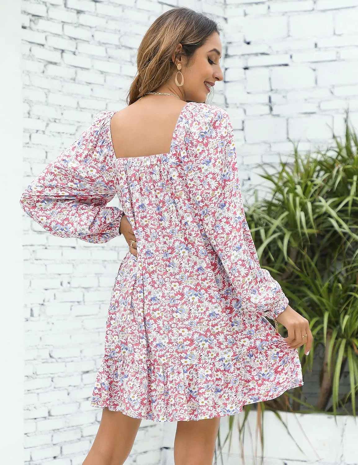 KOJOOIN Women Casual Long Trumpet Sleeve Dress Deep V Neck Ruffle Tie Boho Floral Print Swing Tunic Mini Dress_
