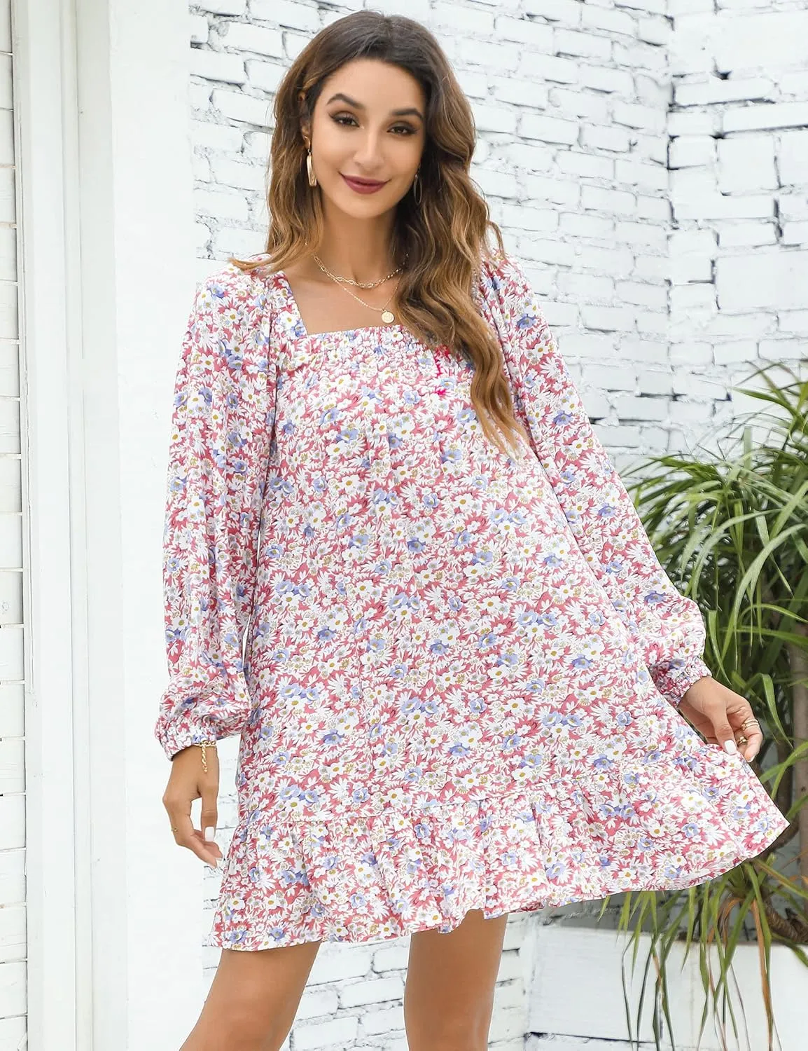 KOJOOIN Women Casual Long Trumpet Sleeve Dress Deep V Neck Ruffle Tie Boho Floral Print Swing Tunic Mini Dress_