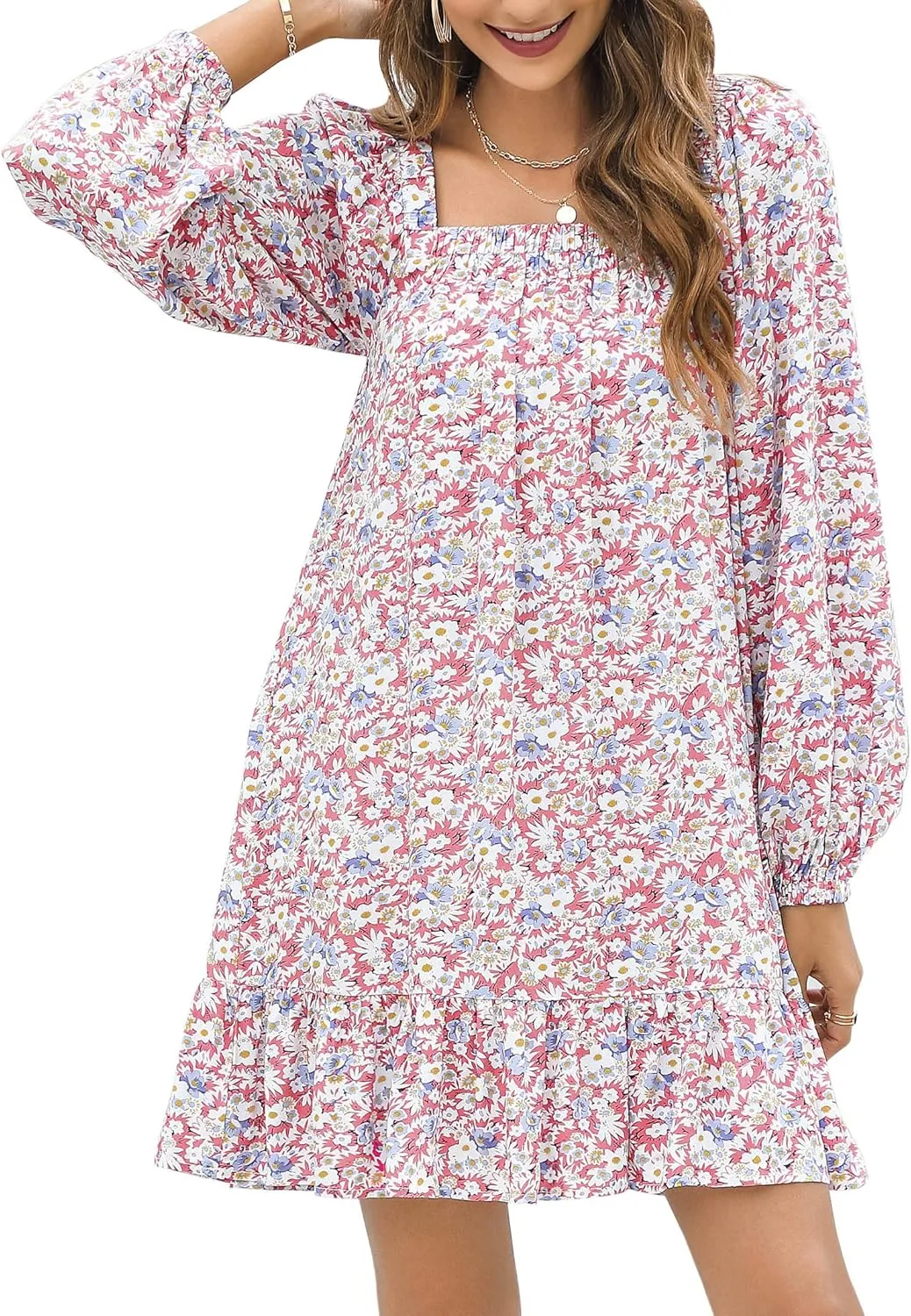 KOJOOIN Women Casual Long Trumpet Sleeve Dress Deep V Neck Ruffle Tie Boho Floral Print Swing Tunic Mini Dress_