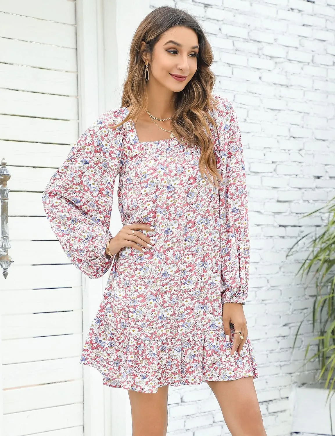 KOJOOIN Women Casual Long Trumpet Sleeve Dress Deep V Neck Ruffle Tie Boho Floral Print Swing Tunic Mini Dress_