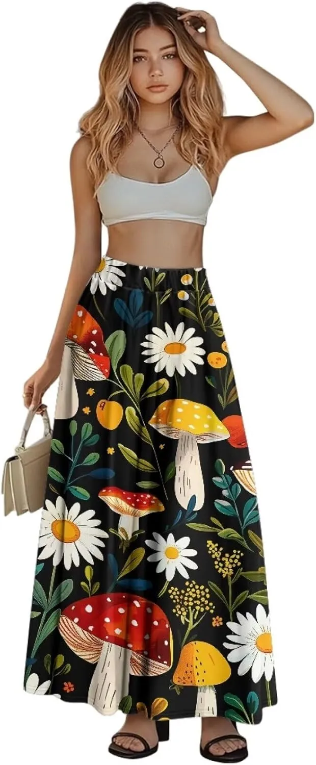 Ladies Elastic Waist Swing Skirts with Pockets Midi Length Skirts Ruffle Hem Long Skirts with Elasticized Waistband