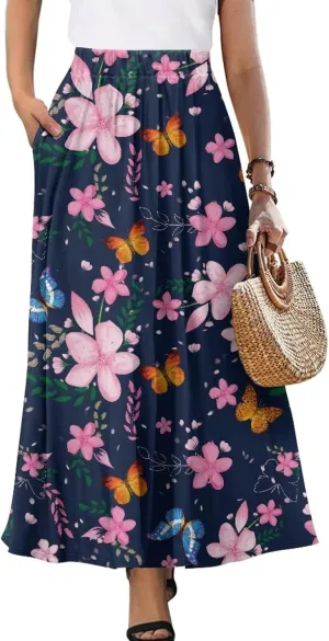 Ladies Elastic Waist Swing Skirts with Pockets Midi Length Skirts Ruffle Hem Long Skirts with Elasticized Waistband