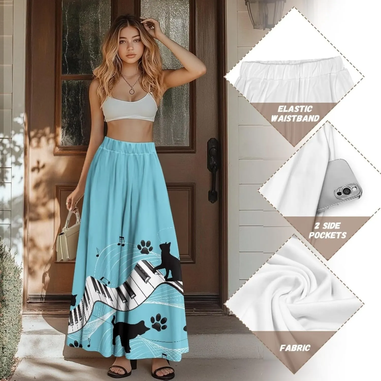 Ladies Elastic Waist Swing Skirts with Pockets Midi Length Skirts Ruffle Hem Long Skirts with Elasticized Waistband