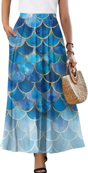Ladies Elastic Waist Swing Skirts with Pockets Midi Length Skirts Ruffle Hem Long Skirts with Elasticized Waistband