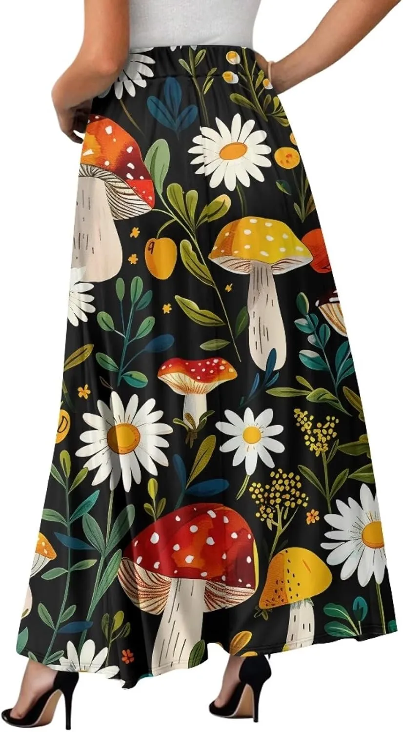 Ladies Elastic Waist Swing Skirts with Pockets Midi Length Skirts Ruffle Hem Long Skirts with Elasticized Waistband