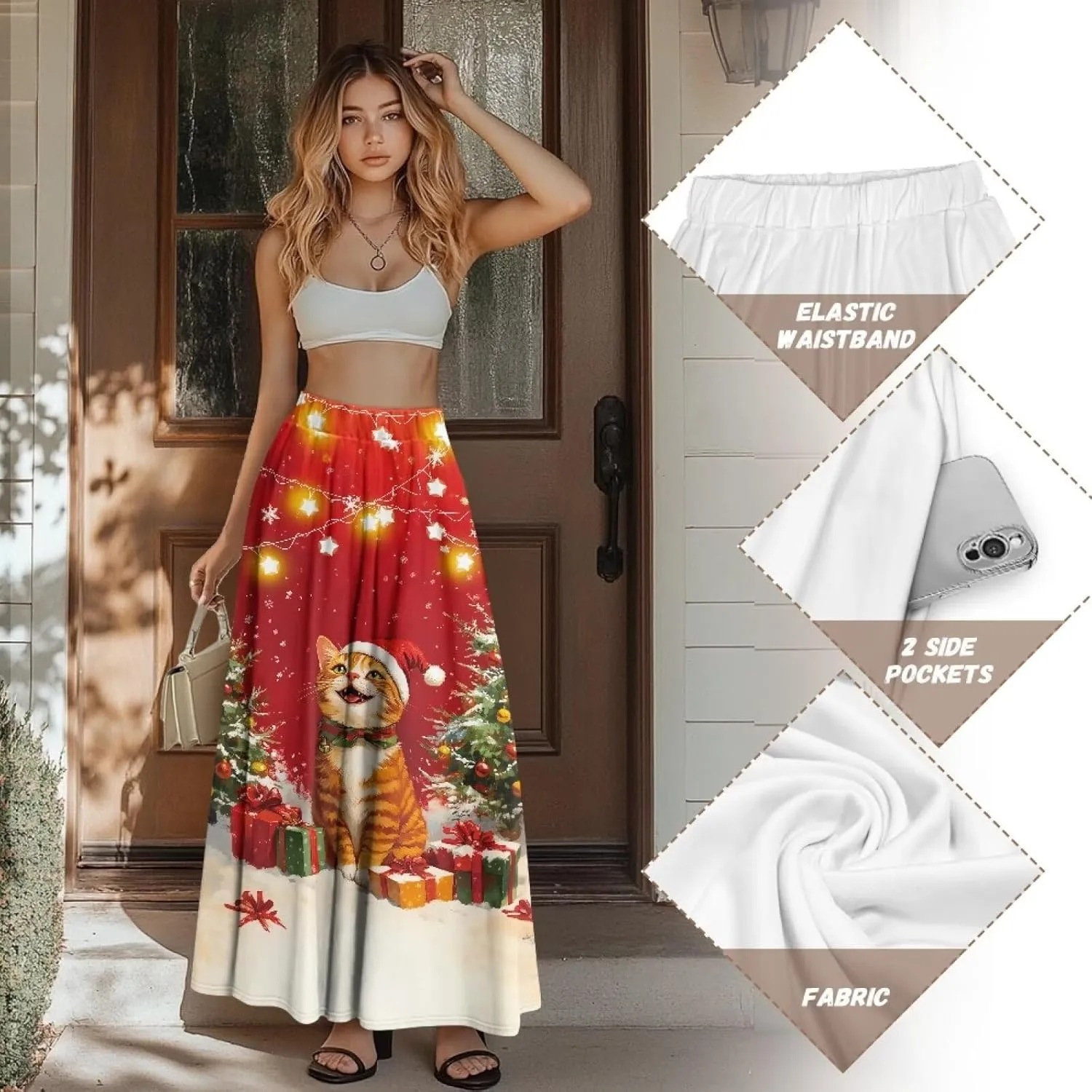 Ladies Elastic Waist Swing Skirts with Pockets Midi Length Skirts Ruffle Hem Long Skirts with Elasticized Waistband
