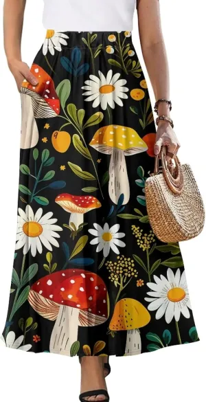 Ladies Elastic Waist Swing Skirts with Pockets Midi Length Skirts Ruffle Hem Long Skirts with Elasticized Waistband