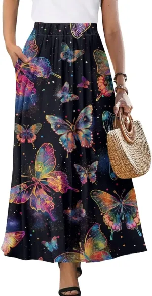 Ladies Elastic Waist Swing Skirts with Pockets Midi Length Skirts Ruffle Hem Long Skirts with Elasticized Waistband