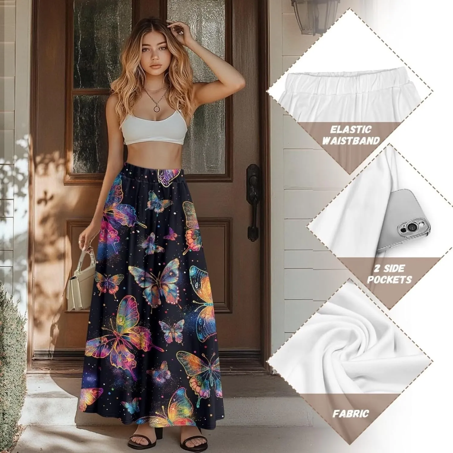 Ladies Elastic Waist Swing Skirts with Pockets Midi Length Skirts Ruffle Hem Long Skirts with Elasticized Waistband