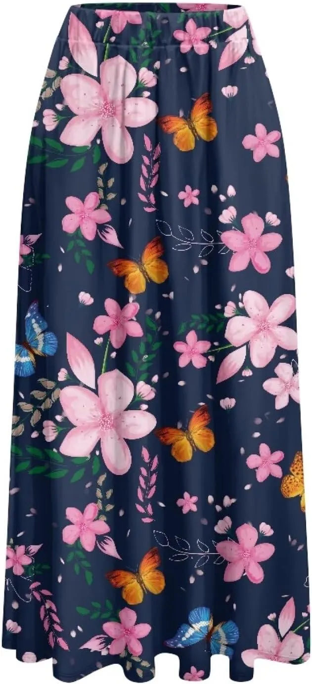 Ladies Elastic Waist Swing Skirts with Pockets Midi Length Skirts Ruffle Hem Long Skirts with Elasticized Waistband