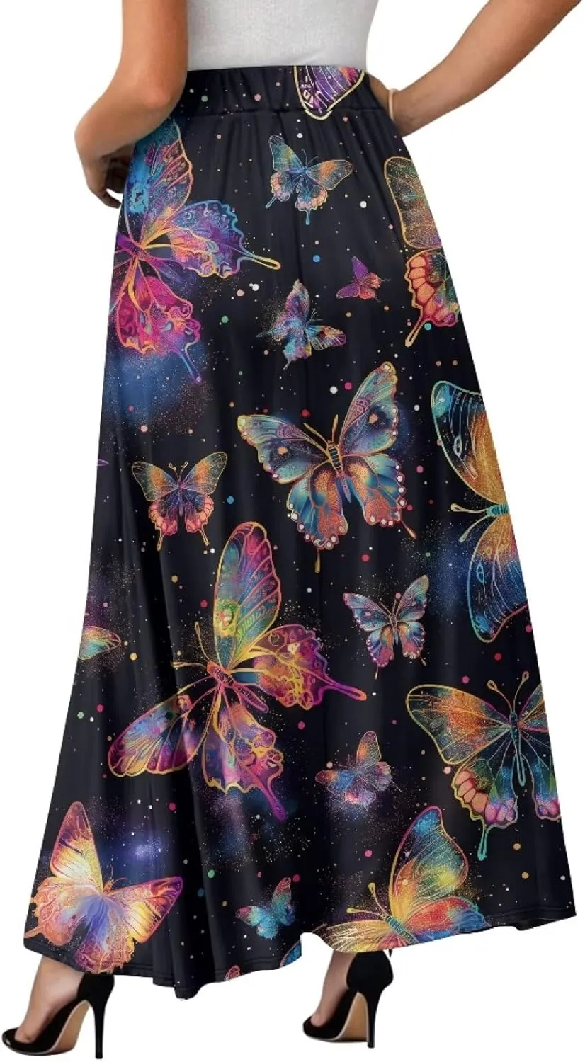 Ladies Elastic Waist Swing Skirts with Pockets Midi Length Skirts Ruffle Hem Long Skirts with Elasticized Waistband