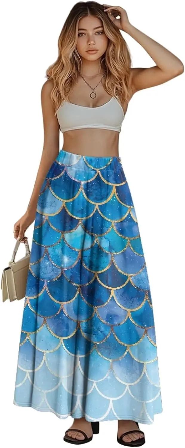 Ladies Elastic Waist Swing Skirts with Pockets Midi Length Skirts Ruffle Hem Long Skirts with Elasticized Waistband