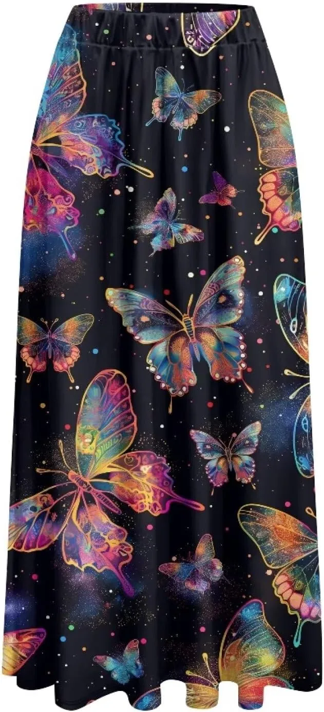 Ladies Elastic Waist Swing Skirts with Pockets Midi Length Skirts Ruffle Hem Long Skirts with Elasticized Waistband