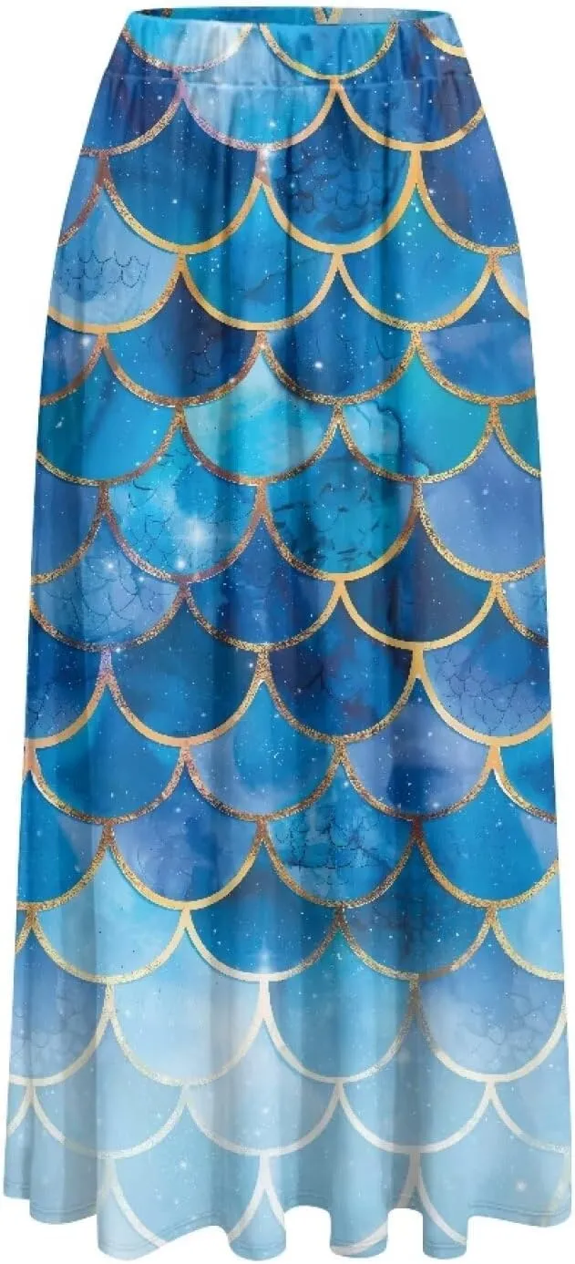 Ladies Elastic Waist Swing Skirts with Pockets Midi Length Skirts Ruffle Hem Long Skirts with Elasticized Waistband