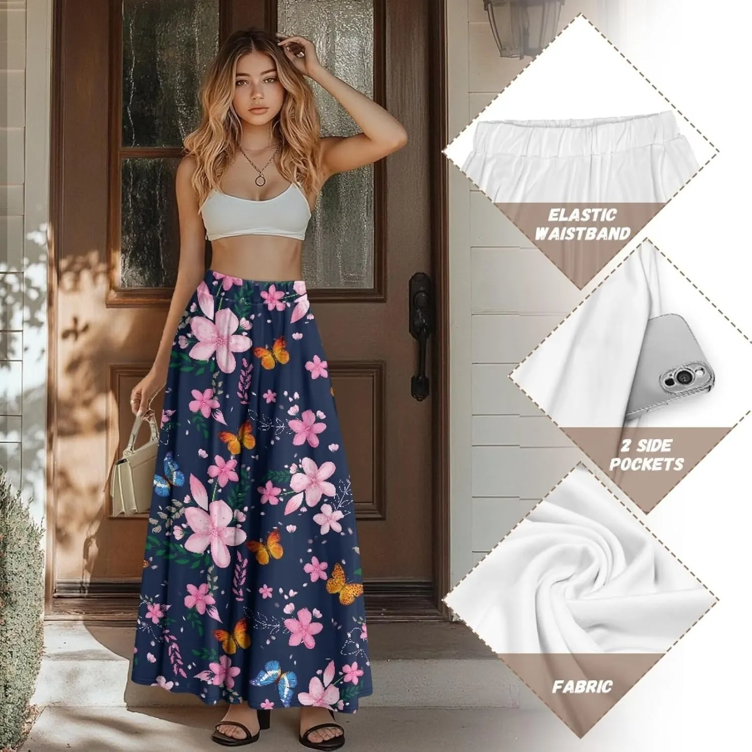 Ladies Elastic Waist Swing Skirts with Pockets Midi Length Skirts Ruffle Hem Long Skirts with Elasticized Waistband