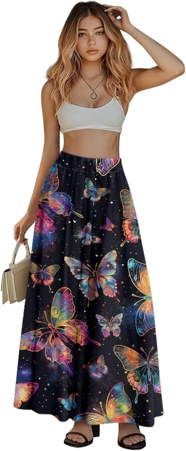 Ladies Elastic Waist Swing Skirts with Pockets Midi Length Skirts Ruffle Hem Long Skirts with Elasticized Waistband