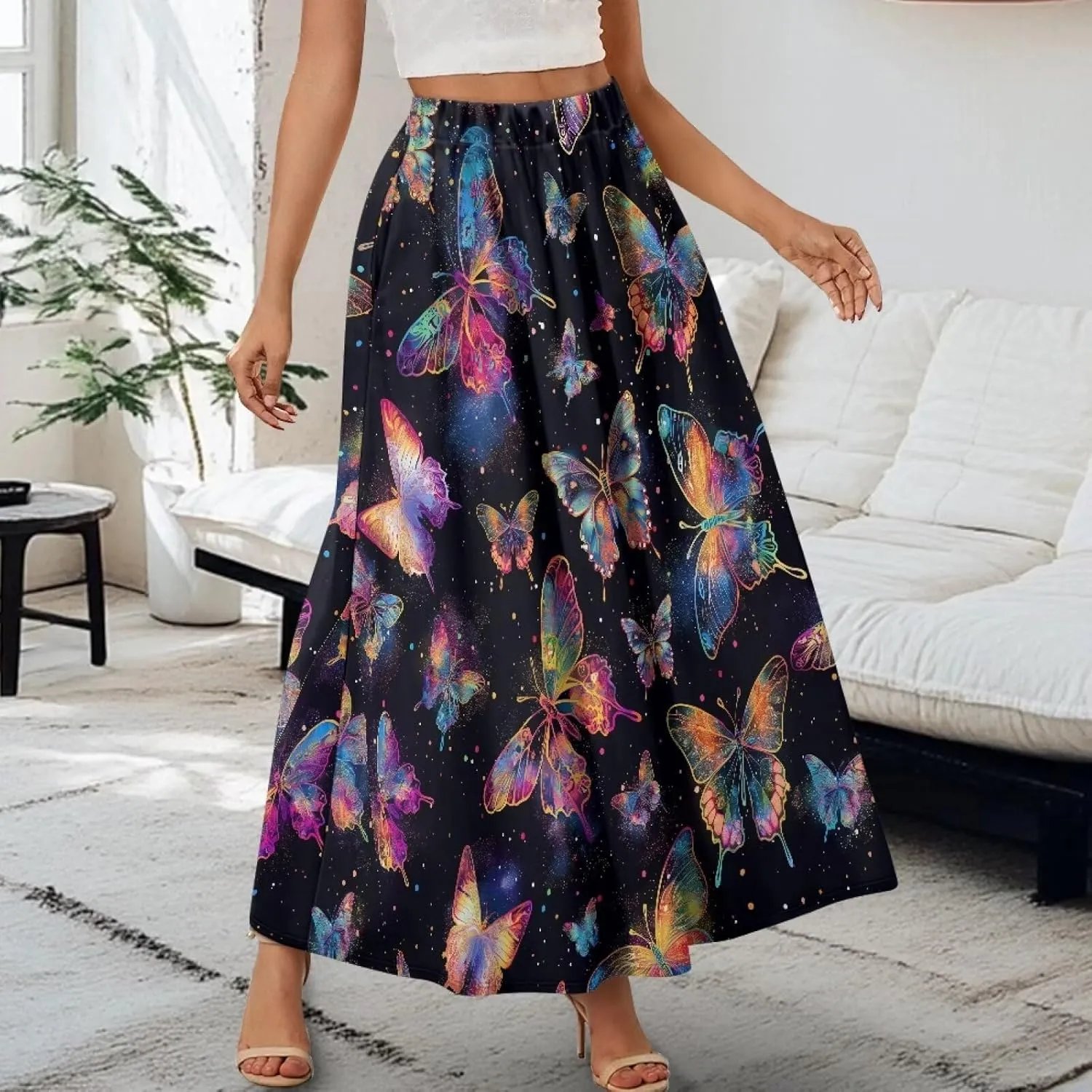 Ladies Elastic Waist Swing Skirts with Pockets Midi Length Skirts Ruffle Hem Long Skirts with Elasticized Waistband