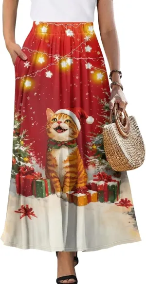 Ladies Elastic Waist Swing Skirts with Pockets Midi Length Skirts Ruffle Hem Long Skirts with Elasticized Waistband